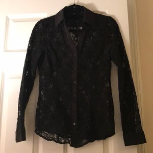 Express sheer lace button down long sleeve shirt top